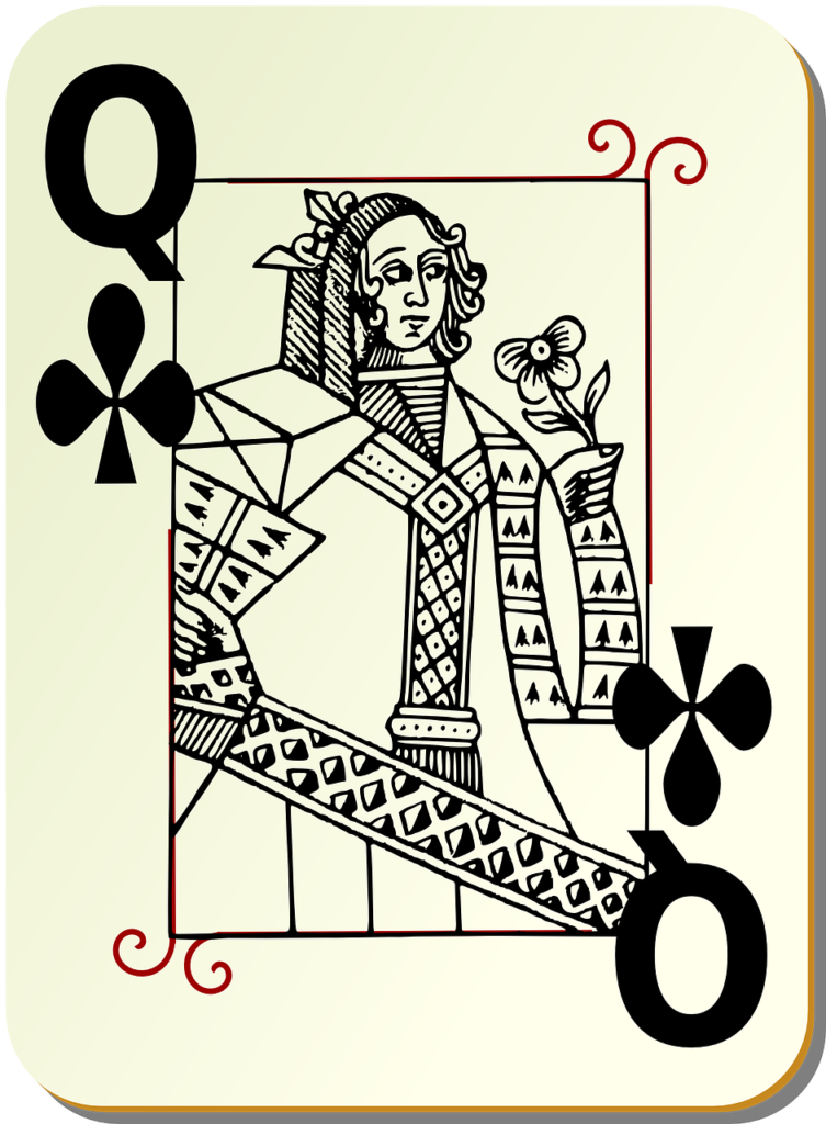 Queen of clubs playings card. Design of queen is old-fashioned line drawing.