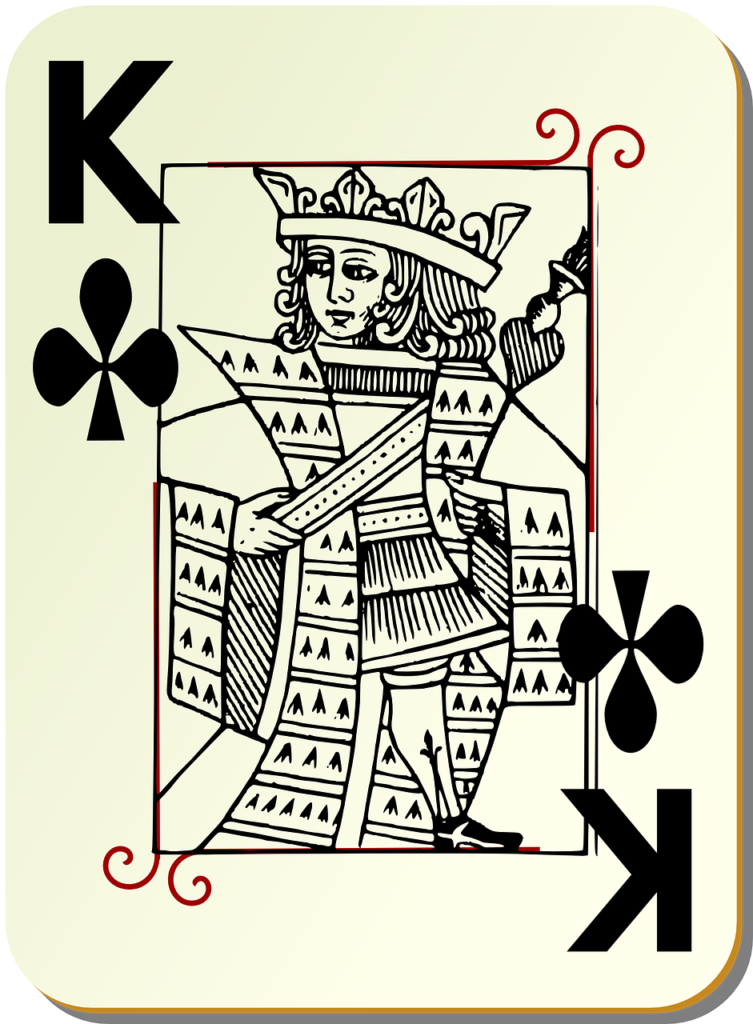 King of clubs playings card. Design of queen is old-fashioned line drawing.